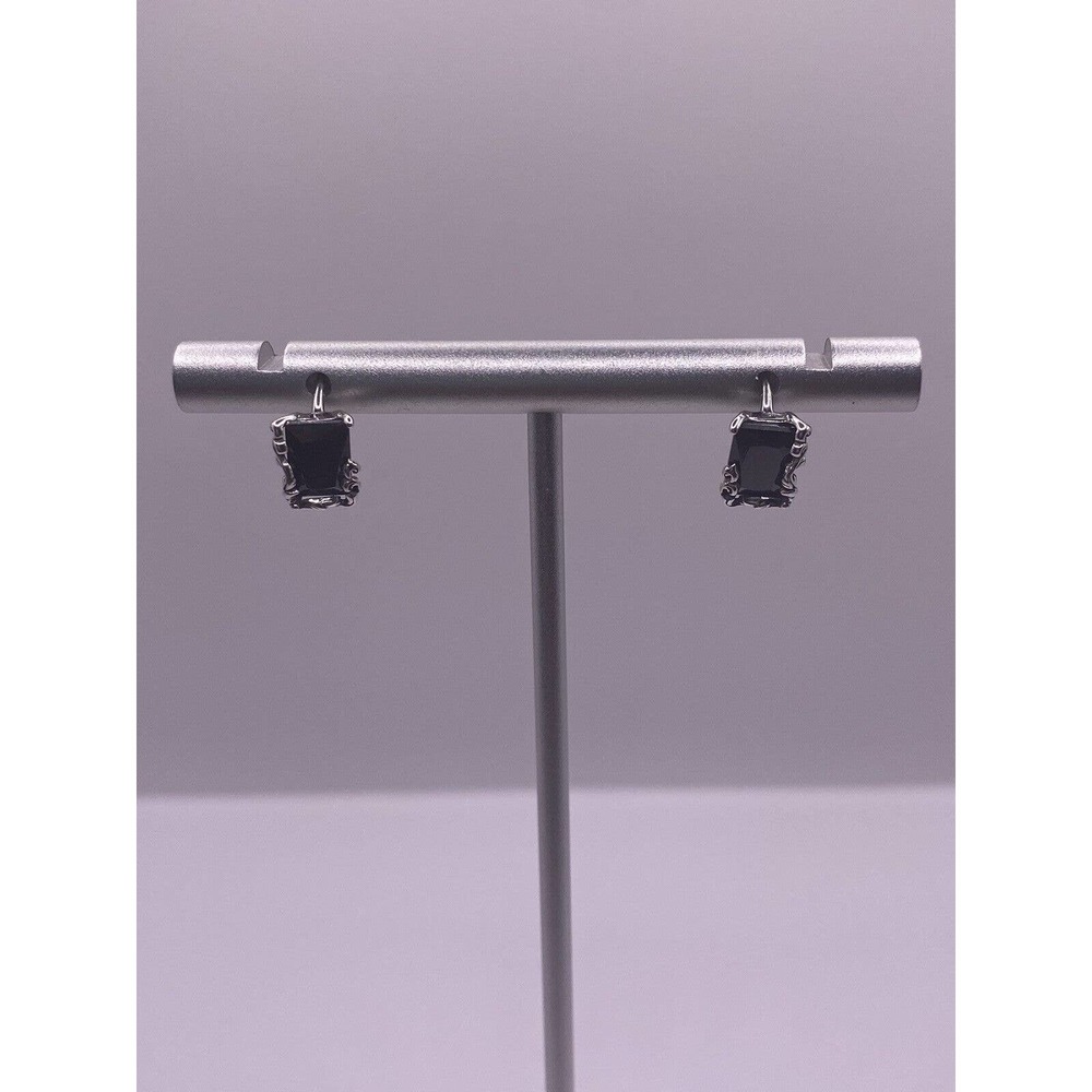 Black Rectangular Floral Hoop Sterling Silver Earr